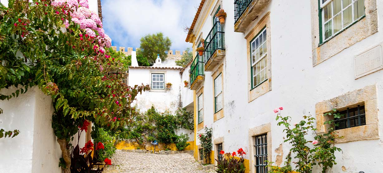óbidos o que visitar: Rua da vila portuguesa de Óbidos,edifícios tradicionais, flores no verão