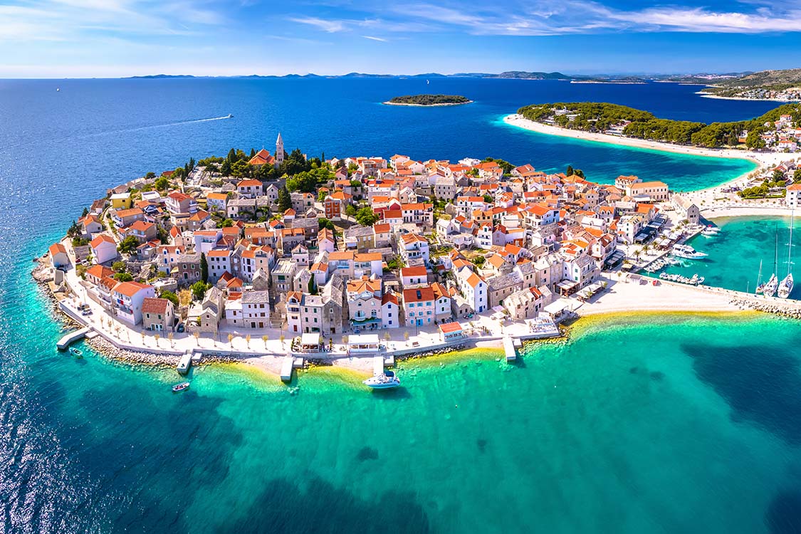 scenic town and beaches of Primosten, Croatia